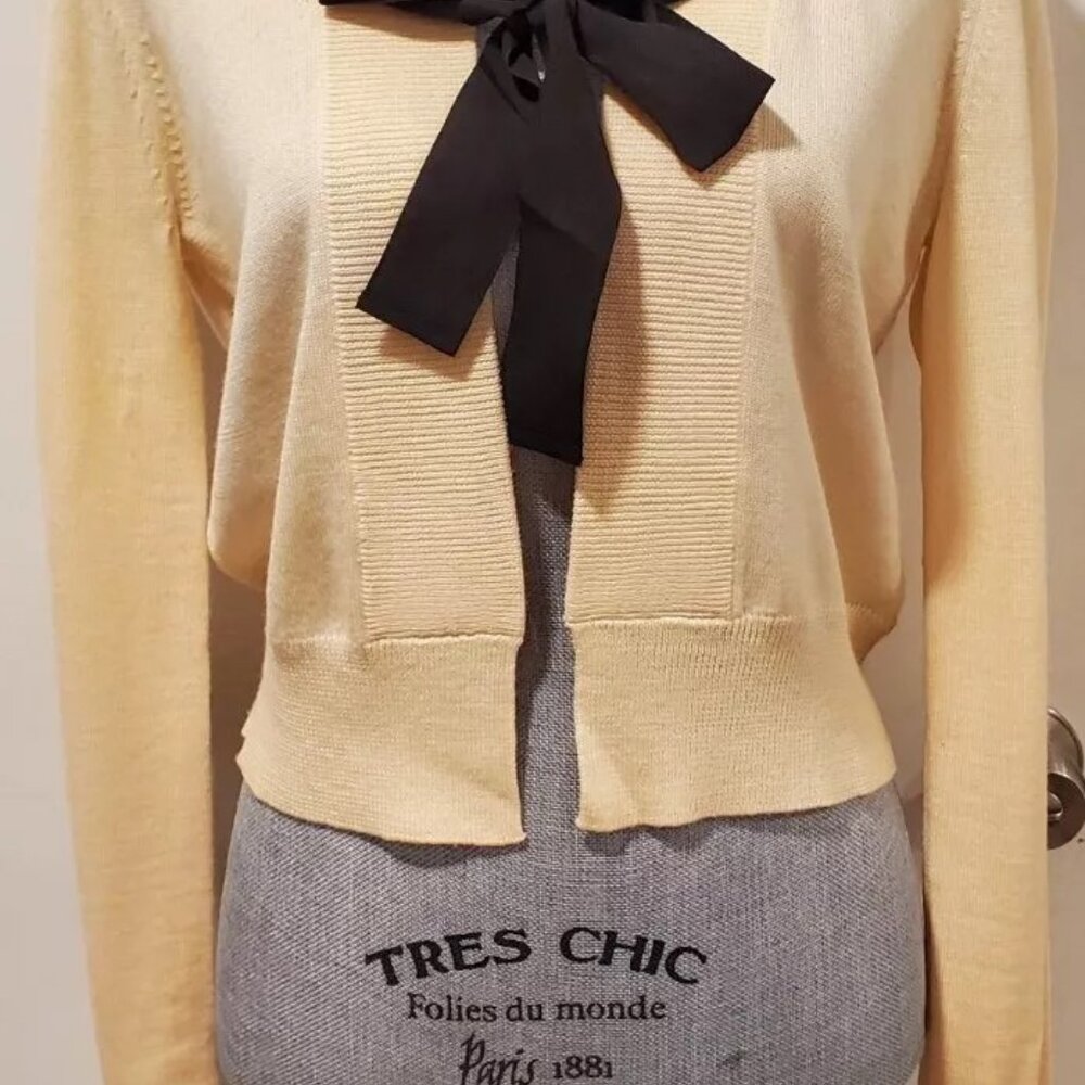 DKNY Petite Ivory Open Front Cardigan Black Beaded Silk Collar Neck Tie Bow, NWT